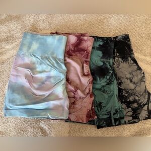 Tie-Dye Seamless Workout Shorts Set - Pastel Blue, Mauve, Teal, Black